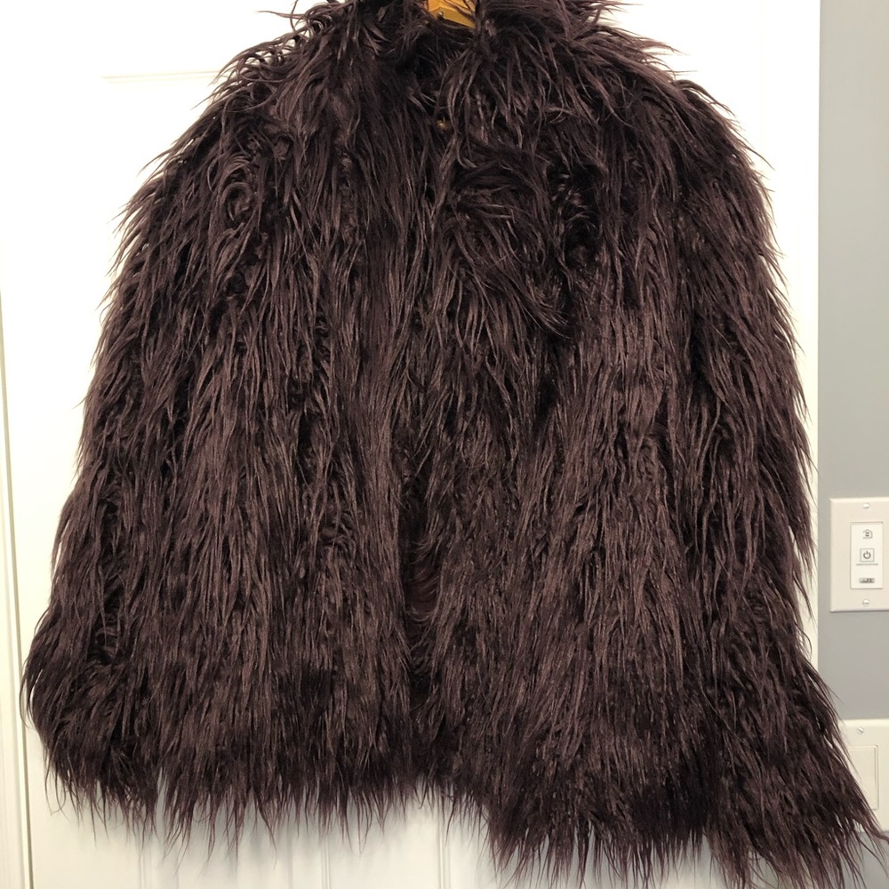 Burgundy faux fur shag jacket from Trouvé